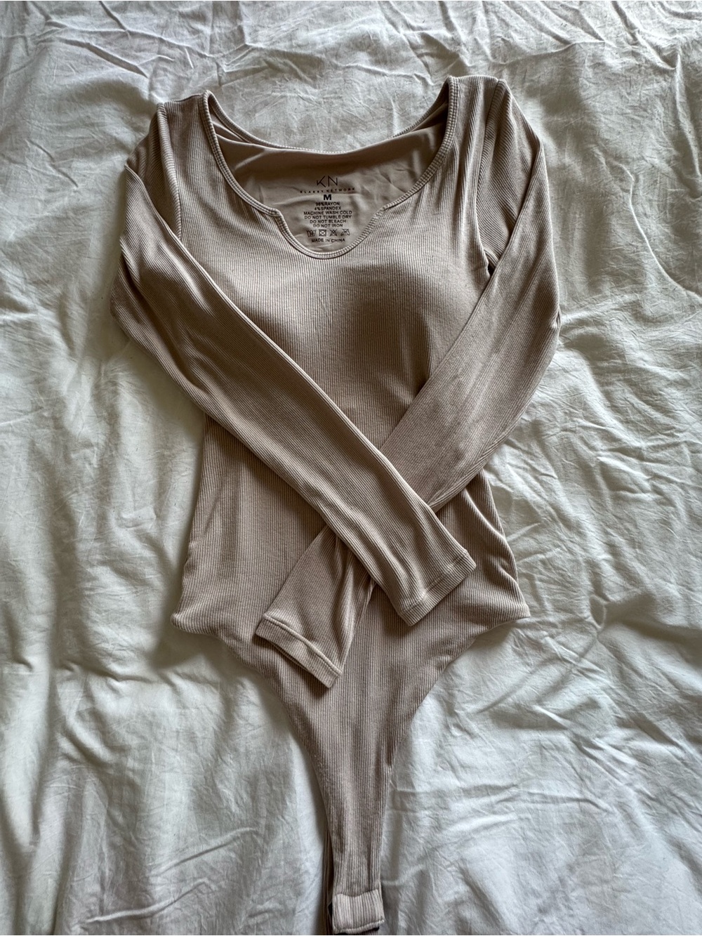 Klassy Network Long-Sleeve Scoop Neck Ribbed Bodysuit - Taupe